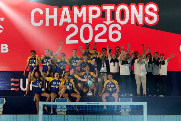 Zodiac CNAB players and staff react in celebration after winning the European Aquatics Men™s Water polo, Wasserball Champions League gold‘medal match against Pro Recco at the National Pool, Tal‘Qroqq, Malta, on 13 June 2026. Zodiac CNAB v Pro Recco - Men™s Water Polo Men Champions League 2026 Final; EA_CL_2026_MLT
