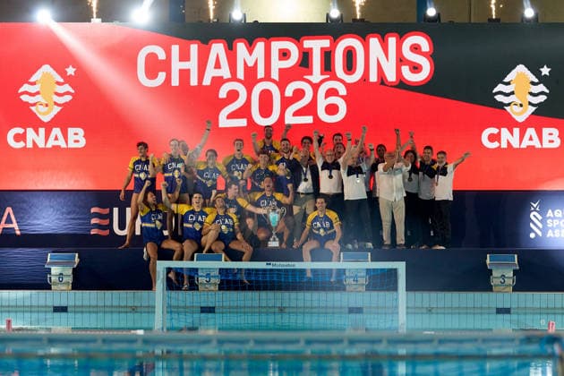 Zodiac CNAB players and staff react in celebration after winning the European Aquatics Men™s Water polo, Wasserball Champions League gold‘medal match against Pro Recco at the National Pool, Tal‘Qroqq, Malta, on 13 June 2026. Zodiac CNAB v Pro Recco - Men™s Water Polo Men Champions League 2026 Final; EA_CL_2026_MLT
