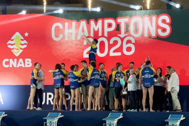 Zodiac CNAB players and staff react in celebration after winning the European Aquatics Men™s Water polo, Wasserball Champions League gold‘medal match against Pro Recco at the National Pool, Tal‘Qroqq, Malta, on 13 June 2026. Zodiac CNAB v Pro Recco - Men™s Water Polo Men Champions League 2026 Final; EA_CL_2026_MLT