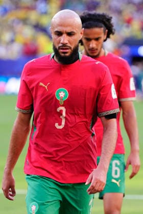 Brazil v Morocco: Group C - FIFA World Cup, WM, Weltmeisterschaft, Fussball 2026 Noussair Mazraoui of Morocco looks on during the FIFA World Cup 2026 Group C match between Brazil and Morocco at New York New Jersey Stadium on June 13, 2026 in East Rutherford, New Jersey. East Rutherford New Jersey United States  Copyright: xJosexBretonx originalFilename:bretonhernandez-brazilvm260613_npyXv.jpg