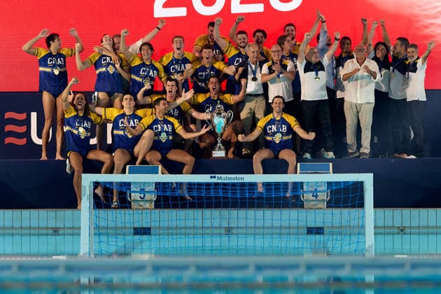 Zodiac CNAB players and staff react in celebration after winning the European Aquatics Men™s Water polo, Wasserball Champions League gold‘medal match against Pro Recco at the National Pool, Tal‘Qroqq, Malta, on 13 June 2026. Zodiac CNAB v Pro Recco - Men™s Water Polo Men Champions League 2026 Final; EA_CL_2026_MLT
