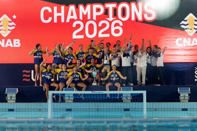 Zodiac CNAB players and staff react in celebration after winning the European Aquatics Men™s Water polo, Wasserball Champions League gold‘medal match against Pro Recco at the National Pool, Tal‘Qroqq, Malta, on 13 June 2026. Zodiac CNAB v Pro Recco - Men™s Water Polo Men Champions League 2026 Final; EA_CL_2026_MLT