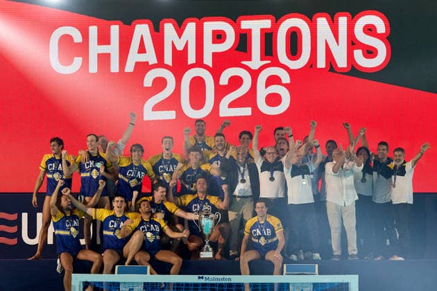 Zodiac CNAB players and staff react in celebration after winning the European Aquatics Men™s Water polo, Wasserball Champions League gold‘medal match against Pro Recco at the National Pool, Tal‘Qroqq, Malta, on 13 June 2026. Zodiac CNAB v Pro Recco - Men™s Water Polo Men Champions League 2026 Final; EA_CL_2026_MLT