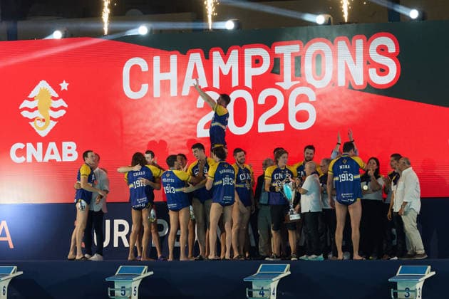 Zodiac CNAB players and staff react in celebration after winning the European Aquatics Men™s Water polo, Wasserball Champions League gold‘medal match against Pro Recco at the National Pool, Tal‘Qroqq, Malta, on 13 June 2026. Zodiac CNAB v Pro Recco - Men™s Water Polo Men Champions League 2026 Final; EA_CL_2026_MLT