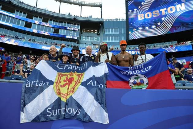 Scotland and Haiti fans in the stands Haiti v Scotland, 2026 FIFA World Cup, WM, Weltmeisterschaft, Fussball Group C, Football, Boston Stadium, Foxborough, Massachusetts, USA - 13 Jun 2026Foxborough Boston Stadium Massachusetts (MA) United States of America EDITORIAL USE ONLY No use with unauthorised audio, video, data, fixture lists, club league logos or live services. Online in-match use limited to 120 images, no video emulation. No use in betting, games or single club league player publications.  Copyright: xMichaelxZemanek Shutterstockx 16924167r