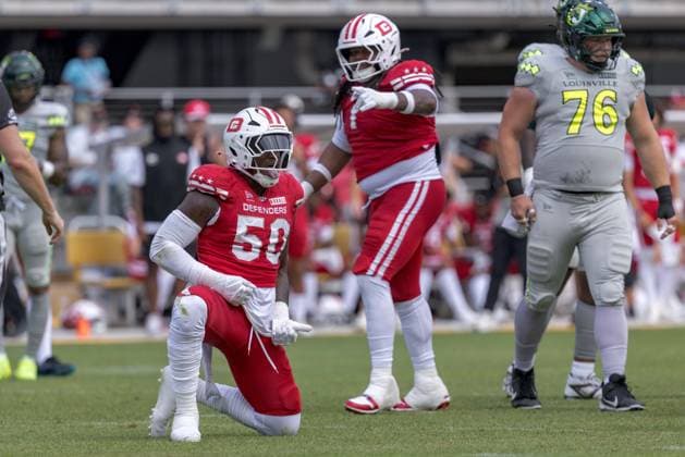 June 13, 2026, Washington, D.C, U.S: DC Defenders defensive end Derick Roberson (50) celebrates after a tackle for loss during the United Bowl UFL Championship game at Audi Field, Washington, D.C. UFL 2026 - United Bowl -Kings 27:20 Defenders  - ZUMAs304 20260613_zaf_s304_004 Copyright: xScottxStuartx