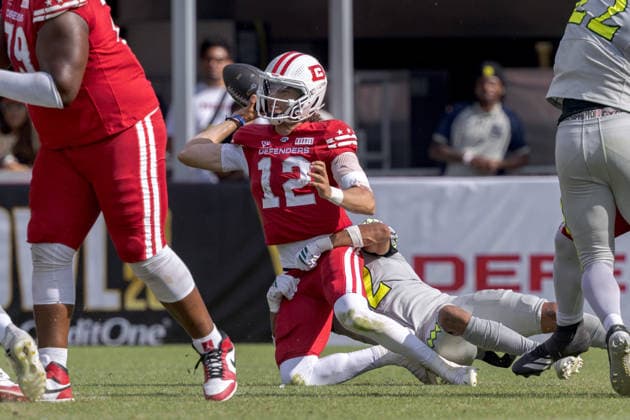 June 13, 2026, Washington, D.C, U.S: DC Defenders quarterback Jason Bean (12) is sacked trying to get rid of the ball during the United Bowl UFL Championship game at Audi Field, Washington, D.C. UFL 2026 - United Bowl -Kings 27:20 Defenders  - ZUMAs304 20260613_zaf_s304_030 Copyright: xScottxStuartx