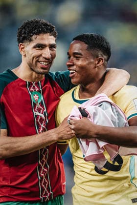 Soccer Men FIFA World Cup 2026 Group C Brazil vs Morocco 13 06 2026 v l Achraf Hakimi 2, Morocco and Endrick 19, Brazil after the final whistle Arm in Arm East Rutherford New York New Jersey Stadium New Jersey United States of America