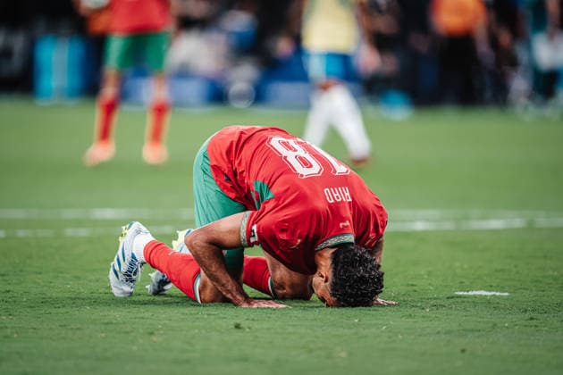 Soccer Men FIFA World Cup 2026 Group C Brazil vs Morocco 13 06 2026 Chadi Riyadh 18, Morocco with a prayer after the final whistle East Rutherford New York New Jersey Stadium New Jersey United States of America
