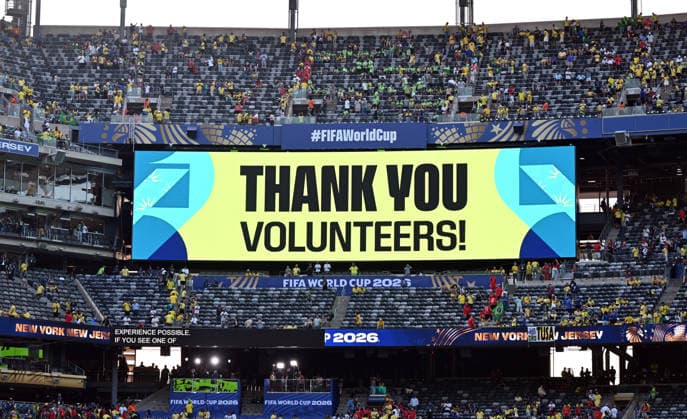 Soccer, Men, FIFA World Cup 2026 in Mexico, Canada and USA, Match in New York New Jersey Group C, Matchday 1 , Brazil Morocco, Scoreboard Thank You Volunteers , 13 06 2026, Copyright: xMatthiasxKochx