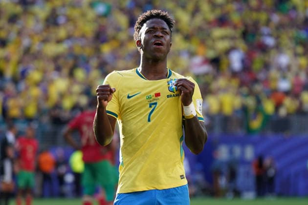 Fussball , Weltmeisterschaft 2026, FIFA WM 2026, Fussball World Cup , Canada ,Mexico, USA-2026, , Braisilien vs Marokko, Brasil vs Marocco., Gruppenphase, Gruppen C, 13.06.2026, Metlife Stadium New Jersey New York Vinicius Junior Brasilien, jubelt Aktion, Einzelbild Foto Chai von der Laage FIFA regulations prohibit any use of photographs as image sequences and or quasi-video. EDITORIAL USE ONLY, *** Soccer , World Cup 2026, FIFA WM 2026, Soccer World Cup , Canada ,Mexico, USA 2026, , Brazil vs Morocco, Brasil vs Morocco , Group Stage, Group C, 13 06 2026, Metlife Stadium New Jersey New York Vinicius Junior Brazil, cheers action, single image photo Chai von der Laage FIFA regulations prohibit any use of photographs as image sequences and or quasi video EDITORIAL USE ONLY,