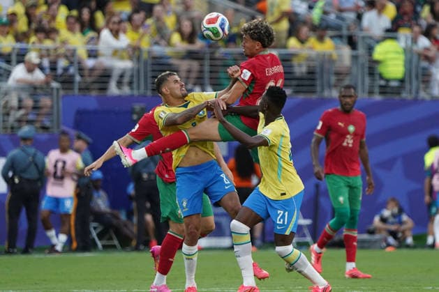 Football , World Cup 2026, FIFA WM 2026, Football World Cup , Canada USA, Mexico 2026, , Brazil vs Morocco, Brazil vs Morocco , Group stage, Group C, 13 06 2026, Metlife Stadium New Jersey New York Bruno Guimraes, Brazil, Bilal El Khannouss, Morocco, Photo Chai von der Laage FIFA regulations prohibit any use of photographs as image sequences and or quasi video EDITORIAL USE ONLY,