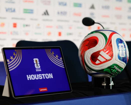 June 13, 2026, Houston, Texas, USA: The official FIFA ball and Houston logo on the table before a press conference, PK, Pressekonferenz at Houston Stadium ahead of their opening Group E match against CuraoÂßao at the 2026 FIFA World Cup, WM, Weltmeisterschaft, Fussball Germany Press Conference - FIFA World Cup 2026  - ZUMAa325 20260613_zsa_a325_005 Copyright: xDavidxBalleringxIix