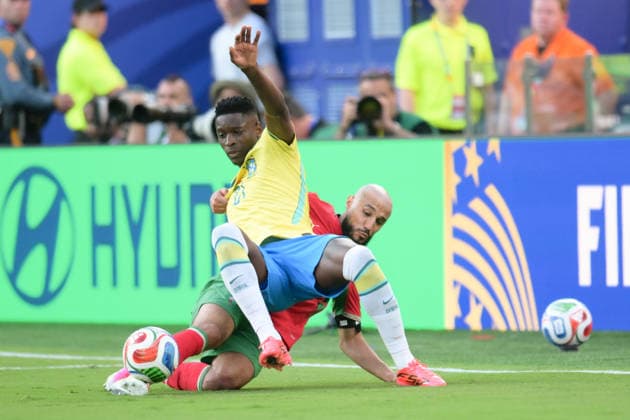 Soccer, World Cup 2026, 20260613, Brazil Morocco Pictured from l Luiz HENRIQUE Brazil, 21 , Noussair MAZRAOUI Morocco, 3 East Rutherford New York New Jersey Stadium New Jersey United States of America Copyright: Passion2Press MarkusxFischerx