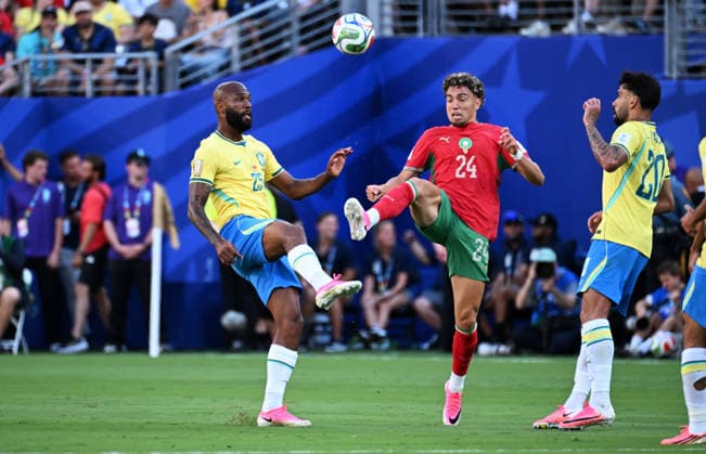 Football, International match, Men, FIFA World Cup 2026, Football World Cup, USA, Group C, MetLife Stadium New Jersey Brazil Morocco Igor Thiago BRA , Neil El Aynaoui MOR Action