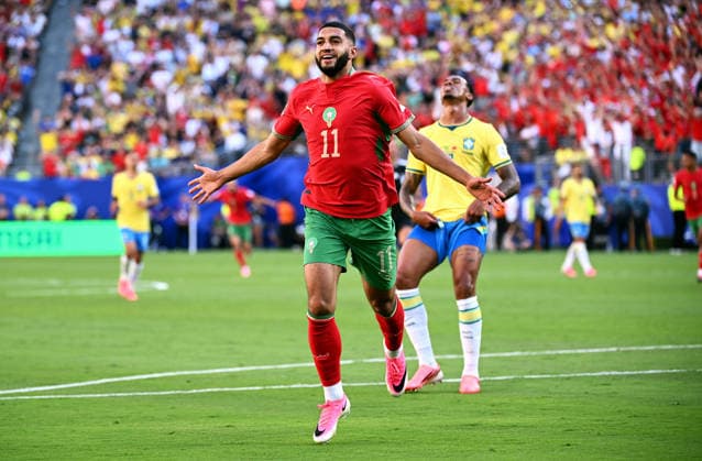 Football, International match, Men, FIFA World Cup 2026, Football World Cup, USA, Group C, MetLife Stadium New Jersey Brazil Morocco Cheers Faycal Fajr MOR after his goal for 0 1 Cheers, joy, action