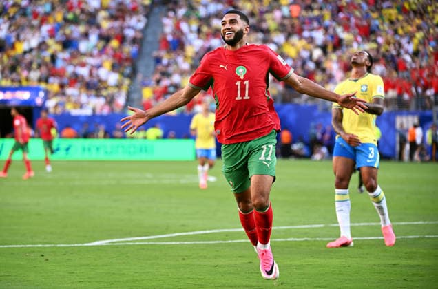 Football, International match, Men, FIFA World Cup 2026, Football World Cup, USA, Group C, MetLife Stadium New Jersey Brazil Morocco Cheers Faycal Fajr MOR after his goal for 0 1 Cheers, joy, action