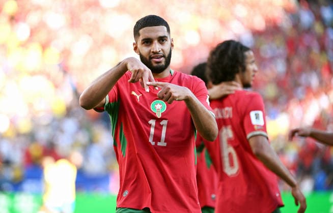 Football, International match, Men, FIFA World Cup 2026, Football World Cup, USA, Group C, MetLife Stadium New Jersey Brazil Morocco Cheers Faycal Fajr MOR after his goal for 0 1 Cheers, joy, action