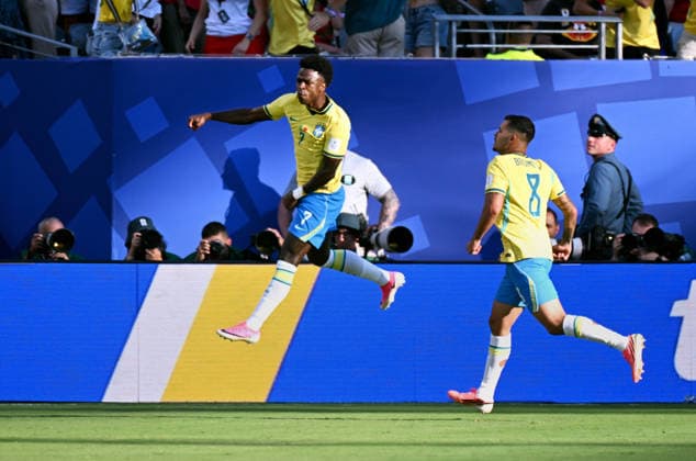 Football, International match, Men, FIFA World Cup 2026, Football World Cup, USA, Group C, MetLife Stadium New Jersey Brazil Morocco Cheers Vinicius Junior BRA after his goal for 1 1 Cheers, joy, action