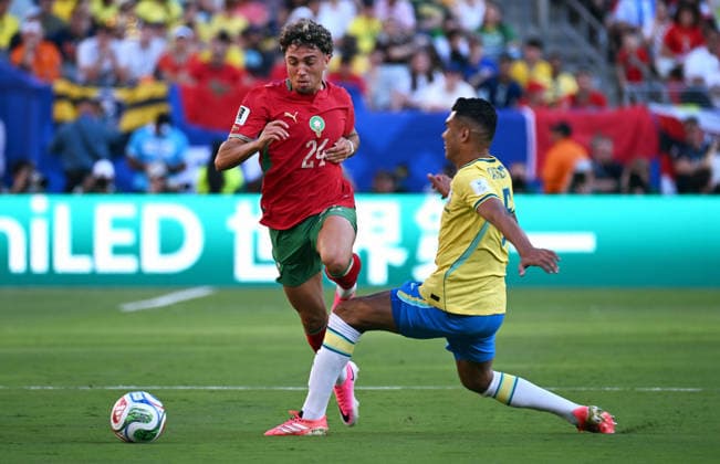 Football, International match, Men, FIFA World Cup 2026, Football World Cup, USA, Group C, MetLife Stadium New Jersey Brazil Morocco Neil El Aynaoui MOR , Casemiro BRA Action