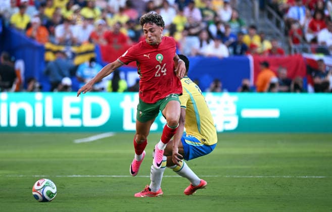 Football, International match, Men, FIFA World Cup 2026, Football World Cup, USA, Group C, MetLife Stadium New Jersey Brazil Morocco Neil El Aynaoui MOR , Casemiro BRA Action