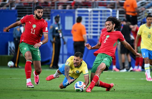 Football, International match, Men, FIFA World Cup 2026, Football World Cup, USA, Group C, MetLife Stadium New Jersey Brazil Morocco 1 1 Faycal Fajr MOR , Bruno Guimares BRA , Romain Sa ss MOR Action
