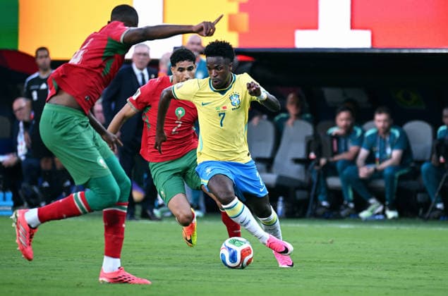 Football, International match, Men, FIFA World Cup 2026, Football World Cup, USA, Group C, MetLife Stadium New Jersey Brazil Morocco 1 1 Vinicius Junior BRA , Achraf Hakimi MOR Action