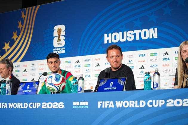 Ahead of Germany v Curacao - FIFA World Cup, WM, Weltmeisterschaft, Fussball 2026 - Group E TEXAS, UNITED STATES - JUNE 13: Head coach Julian Nagelsmann and Alexander Pavlovic of Germany attend a press conference, PK, Pressekonferenz ahead of 2026 FIFA World Cup First Stage Group E match between Germany and Curacao at Houston Stadium in Texas, United States on June 13, 2026. Hakan Akgun Anadolu Texas United States. Editorial use only. Please get in touch for any other usage.  Copyright: x2026xAnadoluxHakanxAkgunx