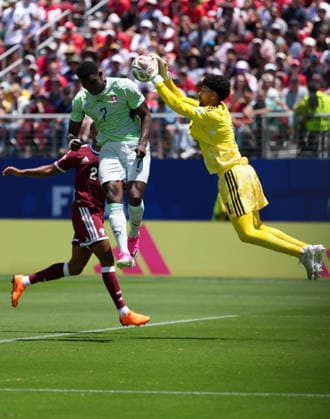 (260614) -- SAN FRANCISCO, June 14, 2026 -- Mahmoud Abunada (R), goalkeeper of Qatar, makes a save during the group B match between Qatar and Switzerland at the 2026 FIFA World Cup, WM, Weltmeisterschaft, Fussball at San Francisco Bay Area Stadium in San Francisco, the United States, June 13, 2026. (Photo by Xinhua) (SP)U.S.-SAN FRANCISCO-FOOTBALL-FIFA WORLD CUP-GROUP B-QAT VS SUI SunxYuxuan 