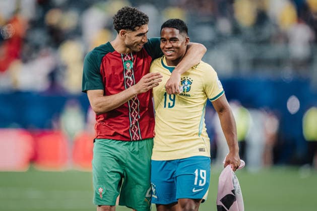 Soccer Men FIFA World Cup 2026 Group C Brazil vs Morocco 13 06 2026 v l Achraf Hakimi 2, Morocco and Endrick 19, Brazil after the final whistle Arm in Arm East Rutherford New York New Jersey Stadium New Jersey United States of America