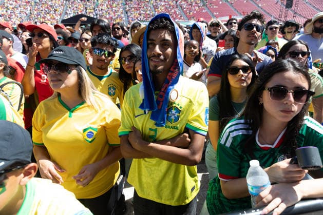 Fans watch Brazil v Morocco - FIFA World Cup, WM, Weltmeisterschaft, Fussball 2026 match in Los Angeles LOS ANGELES, CALIFORNIA - JUNE 13: Supporters watch a live broadcast of FIFA World Cup First Stage Group C opening match between Brazil and Morocco during the Fan Festival at the Los Angeles Memorial Coliseum in Los Angeles, California on June 13, 2026. Grace Hie Yoon Anadolu California United States. Editorial use only. Please get in touch for any other usage.  Copyright: x2026xAnadoluxGracexHiexYoonx