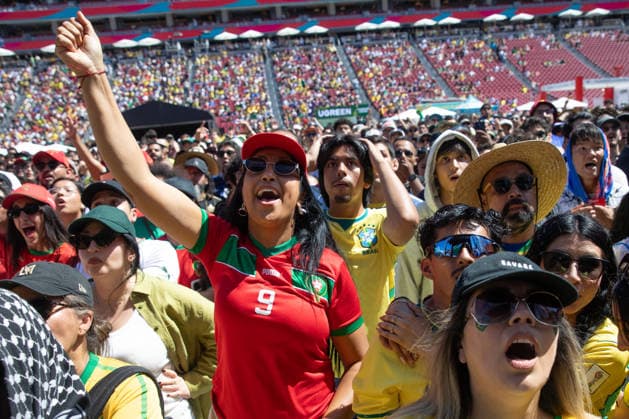 Fans watch Brazil v Morocco - FIFA World Cup, WM, Weltmeisterschaft, Fussball 2026 match in Los Angeles LOS ANGELES, CALIFORNIA - JUNE 13: Supporters watch a live broadcast of FIFA World Cup First Stage Group C opening match between Brazil and Morocco during the Fan Festival at the Los Angeles Memorial Coliseum in Los Angeles, California on June 13, 2026. Grace Hie Yoon Anadolu California United States. Editorial use only. Please get in touch for any other usage.  Copyright: x2026xAnadoluxGracexHiexYoonx