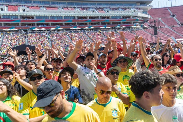 Fans watch Brazil v Morocco - FIFA World Cup, WM, Weltmeisterschaft, Fussball 2026 match in Los Angeles LOS ANGELES, CALIFORNIA - JUNE 13: Supporters watch a live broadcast of FIFA World Cup First Stage Group C opening match between Brazil and Morocco during the Fan Festival at the Los Angeles Memorial Coliseum in Los Angeles, California on June 13, 2026. Grace Hie Yoon Anadolu California United States. Editorial use only. Please get in touch for any other usage.  Copyright: x2026xAnadoluxGracexHiexYoonx