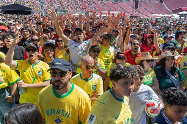 Fans watch Brazil v Morocco - FIFA World Cup, WM, Weltmeisterschaft, Fussball 2026 match in Los Angeles LOS ANGELES, CALIFORNIA - JUNE 13: Supporters watch a live broadcast of FIFA World Cup First Stage Group C opening match between Brazil and Morocco during the Fan Festival at the Los Angeles Memorial Coliseum in Los Angeles, California on June 13, 2026. Grace Hie Yoon Anadolu California United States. Editorial use only. Please get in touch for any other usage.  Copyright: x2026xAnadoluxGracexHiexYoonx