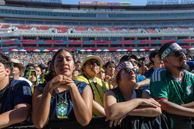 Fans watch Brazil v Morocco - FIFA World Cup, WM, Weltmeisterschaft, Fussball 2026 match in Los Angeles LOS ANGELES, CALIFORNIA - JUNE 13: Supporters watch a live broadcast of FIFA World Cup First Stage Group C opening match between Brazil and Morocco during the Fan Festival at the Los Angeles Memorial Coliseum in Los Angeles, California on June 13, 2026. Grace Hie Yoon Anadolu California United States. Editorial use only. Please get in touch for any other usage.  Copyright: x2026xAnadoluxGracexHiexYoonx