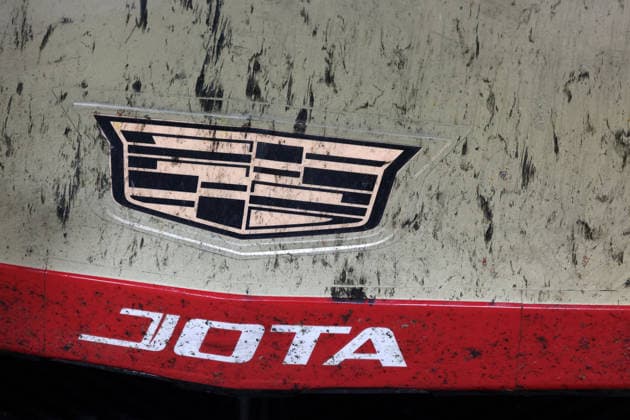Rubber abrasion on the front end with Cadillac logo and JOTA the team name of the Cadillac V Series R 12 of Sebastian Bourdais, Earl Bamber and Jack Aitken in front of the pits, 24 Hours of Le Mans, France, WEC World Endurance Championship, 14 06 2026,