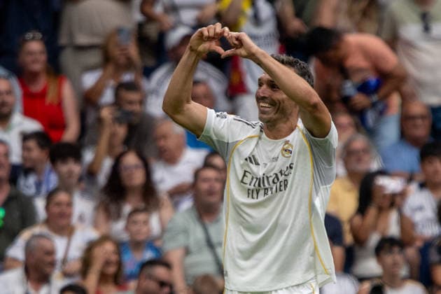 June 13, 2026, Madrid, Spain: David Barral of Real Madrid Legends celebrates a goal during the Corazon Classic Match 2026 football match between Real Madrid Leyendas and Inter Legends at Santiago Bernabeu stadium. Final score; Real Madrid Leyendas 2:1 Inter Legends Madrid Spain - ZUMAs197 20260613_aaa_s197_441 Copyright: xDavidxCanalesx