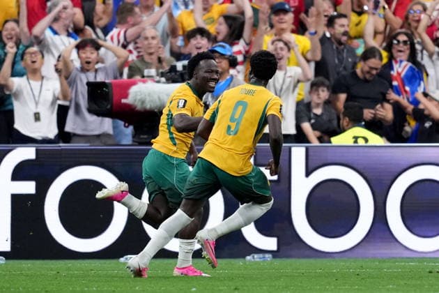June 13, 2026, Vancouver, Bc, CANADA: Australia s Nestory Irankunda (17) celebrates his goal with teammate Mohamed Toure (9) during first half group D World Cup soccer action against Turkey, in Vancouver, Saturday, June 13, 2026. AUSTRALIA V. TURKEY  - ZUMAc35_ 20260613_zaf_c35_189 Copyright: xEthanxCairnsx
