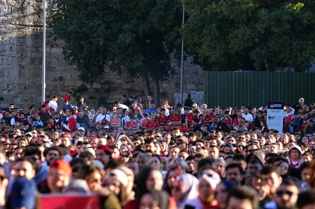 Turkish football fans gather to watch Turkiye-Australia World Cup match ISTANBUL, TURKIYE - JUNE 14: Turkish football fans gather at the historic Yedikule Fortress in Istanbul, Turkiye on June 14, 2026, to watch the live broadcast of the Turkish National Football Team s opening match against Australia in Group D of the 2026 FIFA World Cup, WM, Weltmeisterschaft, Fussball Esra Bilgin Anadolu Istanbul Turkey. Editorial use only. Please get in touch for any other usage.  Copyright: x2026xAnadoluxEsraxBilginx