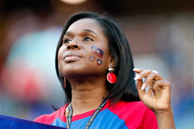 June 13, 2026; Foxborough, Massachusetts, USA; A Haiti fan watches pregame warmups in a FIFA World Cup, WM, Weltmeisterschaft, Fussball 2026 Group C match between Haiti and Scotland at Boston Stadium. (c) CSM - ZUMAc04_ 20260613_zma_c04_259 Copyright: xBurtxGranofskyx