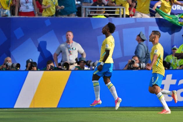 SOCCER - FIFA World Cup, WM, Weltmeisterschaft, Fussball - Brazil vs. Morocco Photo by IPA ABACAPRESS.COM85666295 - Vinicius Junior of Brazil celebrates after scoring a goal during the Brazil vs. Morocco match at the FIFA World Cup in New York, USA, on June 13, 2026 New York  Copyright: xIPAxSport ABACAx