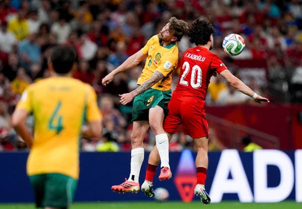 Australia v Turkiye - FIFA World Cup, WM, Weltmeisterschaft, Fussball 2026 - Group D VANCOUVER, CANADA - JUNE 13: Ferdi Kadioglu (20) of Turkiye in action against Connor Metcalfe (8) of Australia during the 2026 FIFA World Cup First Stage Group D match between Australia and Turkiye at BC Place Stadium in Vancouver, Canada on June 13, 2026. Ercin Erturk Anadolu British Columbia Canada. Editorial use only. Please get in touch for any other usage.  Copyright: x2026xAnadoluxErcinxErturkx