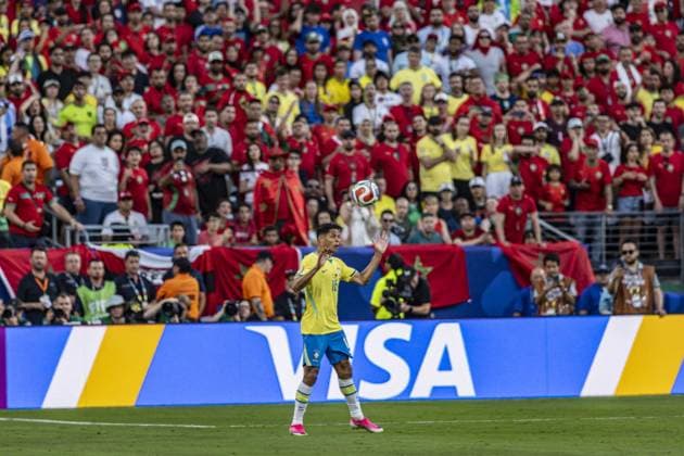 RECORD DATE NOT STATED match between Brazil and Morocco for the 2026 FIFA World Cup, WM, Weltmeisterschaft, Fussball New Jersey (NJ), June 13, 2026 - World Cup Brazil vs. Morocco Brazilian player Douglas Santos during the match between Brazil and Morocco in the 2026 FIFA World Cup Group Stage, Round 1, at MetLife Stadium in New Jersey, USA, on the evening of Saturday, June 13, 2026.(Foto: Pedro Paulo Diaz Thenews2 imago images) SPO  Copyright: xPedroxPauloxDiazx