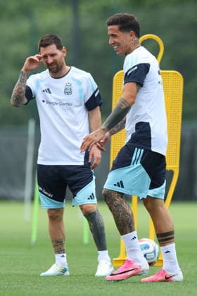 Argentina s forward Lionel Messi L and midfielder Enzo Fernandez take part in a training session during the 2026 FIFA World Cup football tournament at Sporting KC Training Centre in Kansas City on June 13, 2026 ¨ Photo by Alejandro PAGNI PHOTOxPHOTO KANSAS CITY UNITED STATES Copyright: xALEJANDROxPAGNIx