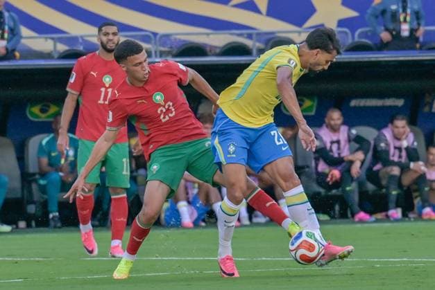 Brazil Face Morocco in FIFA World Cup, WM, Weltmeisterschaft, Fussball 2026 Group C Match EAST RUTHERFORD, NEW JERSEY, USA JUNE 13, 2026: Players of Brazil and Morocco battle for possession during the FIFA World Cup 2026 Group C match at MetLife Stadium in East Rutherford, New Jersey, USA. Photo by Walid Ibrahim JNA Press (Photo by walid ibrahim JNA Press via Nexpher Images) NEW JERSEY