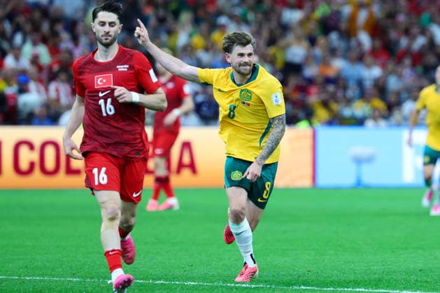 Connor Metcalfe of Australia shoots and scores a goal during the FIFA World Cup, WM, Weltmeisterschaft, Fussball 2026 match between Australia and Turkey at BC Place, Vancouver, Canada on 13 June 2026. Copyright: xPeterxDovganx 45060057