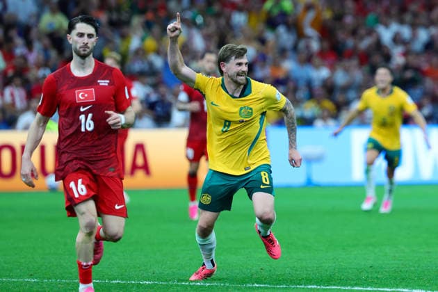 Connor Metcalfe of Australia scores a goal and celebrates during the FIFA World Cup, WM, Weltmeisterschaft, Fussball 2026 match between Australia and Turkey at BC Place, Vancouver, Canada on 13 June 2026. Copyright: xPeterxDovganx 45060058