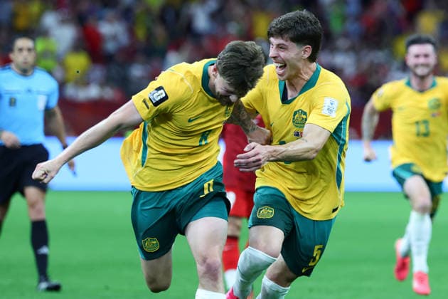 Connor Metcalfe of Australia scores a goal and celebrates with Jordy Bos of Australia during the FIFA World Cup, WM, Weltmeisterschaft, Fussball 2026 match between Australia and Turkey at BC Place, Vancouver, Canada on 13 June 2026. Copyright: xPeterxDovganx 45060061