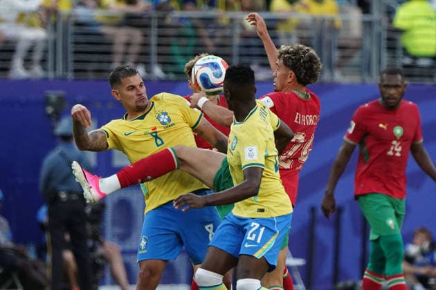 Football , World Cup 2026, FIFA WM 2026, Football World Cup , Canada USA, Mexico 2026, , Brazil vs Morocco, Brazil vs Morocco , Group stage, Group C, 13 06 2026, Metlife Stadium New Jersey New York Bruno Guimaraes, Brazil, Bilal El Khannouss, Morocco, Photo Chai von der Laage FIFA regulations prohibit any use of photographs as image sequences and or quasi video EDITORIAL USE ONLY,