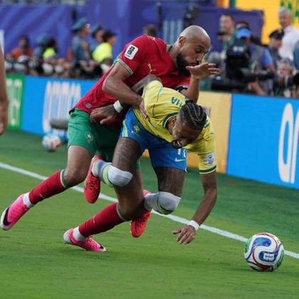 Football , World Cup 2026, FIFA WM 2026, Football World Cup , Canada USA, Mexico 2026, , Brazil vs Morocco, Brazil vs Marocco , Group stage, Group C, 13 06 2026, Metlife Stadium New Jersey New York Raphinha, Brazil,Noussair Mazraoui Morocco Photo Chai von der Laage FIFA regulations prohibit any use of photographs as image sequences and or quasi video EDITORIAL USE ONLY,